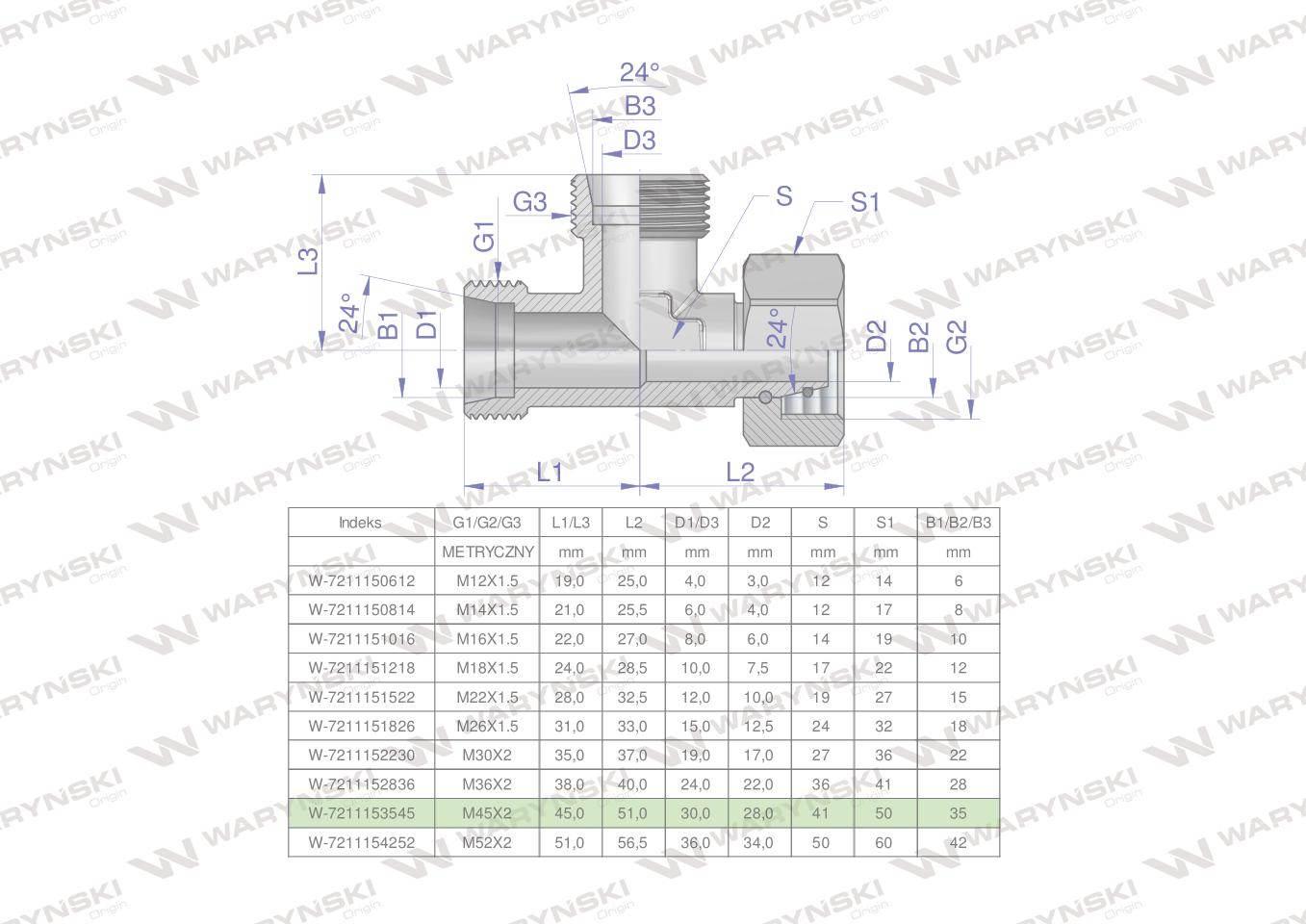 Trójnik hydrauliczny niesymetryczny metryczny bba m45x3 35l xevl waryński