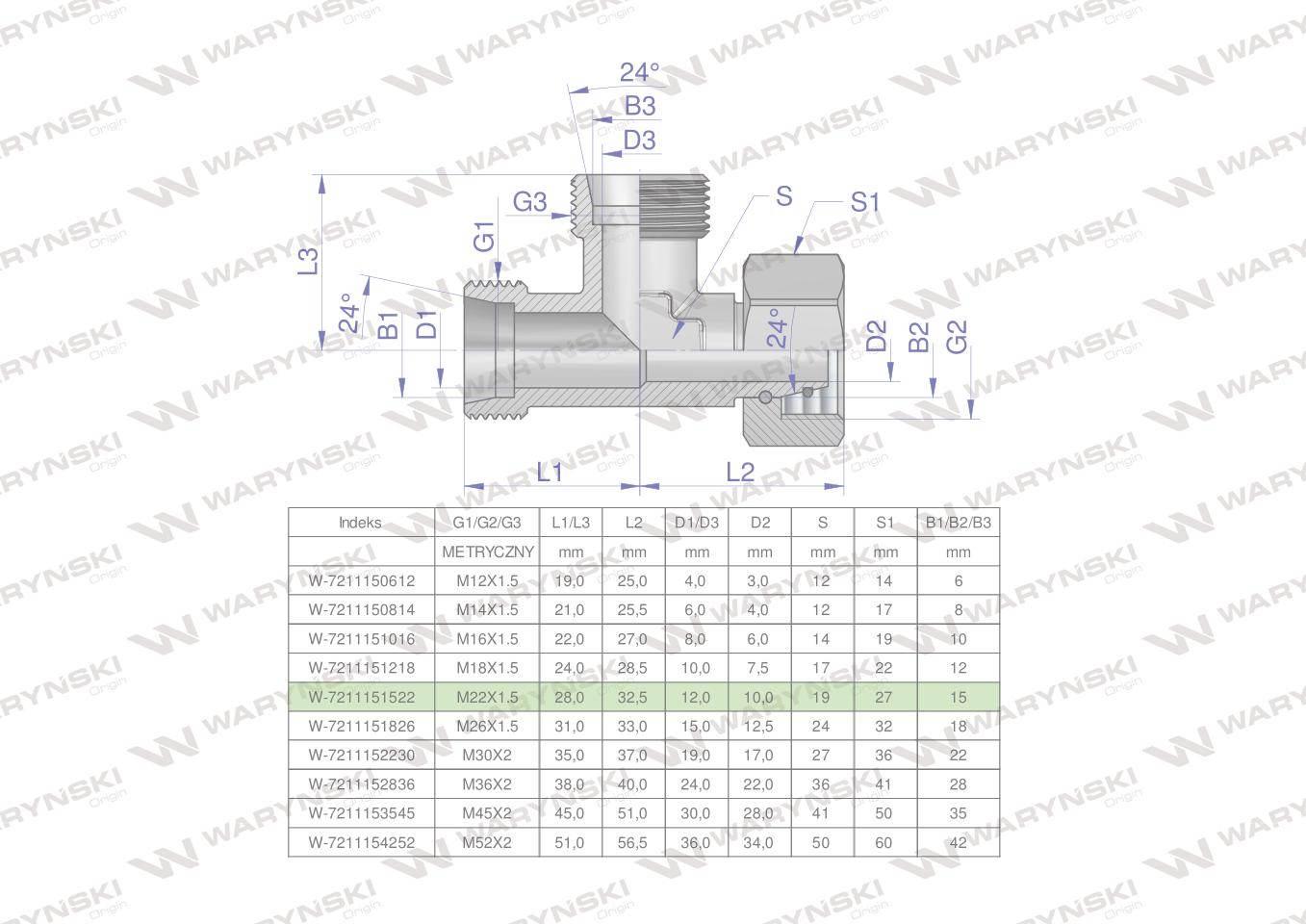 Trójnik hydrauliczny niesymetryczny metryczny bba m22x1.5 15l xevl waryński 5szt
