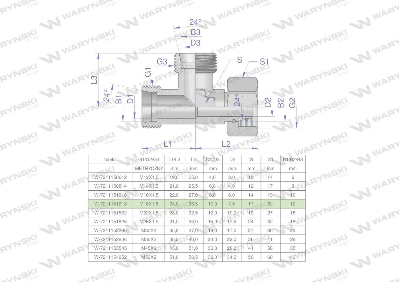Trójnik hydrauliczny niesymetryczny metryczny bba m18x1.5 12l xevl waryński 5szt