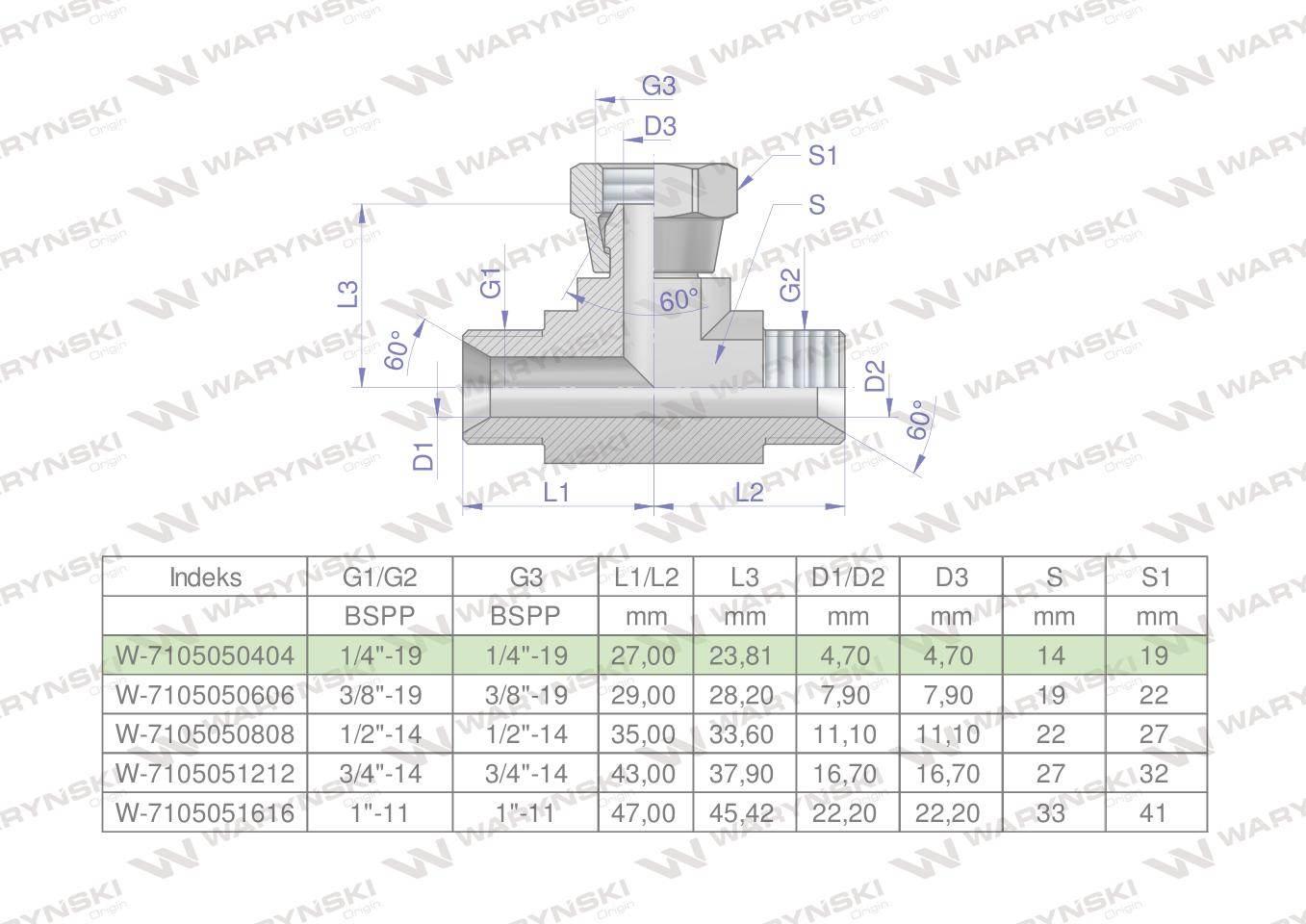 Trójnik hydrauliczny symetryczny calowy bab 1/4" bsp xevt waryński