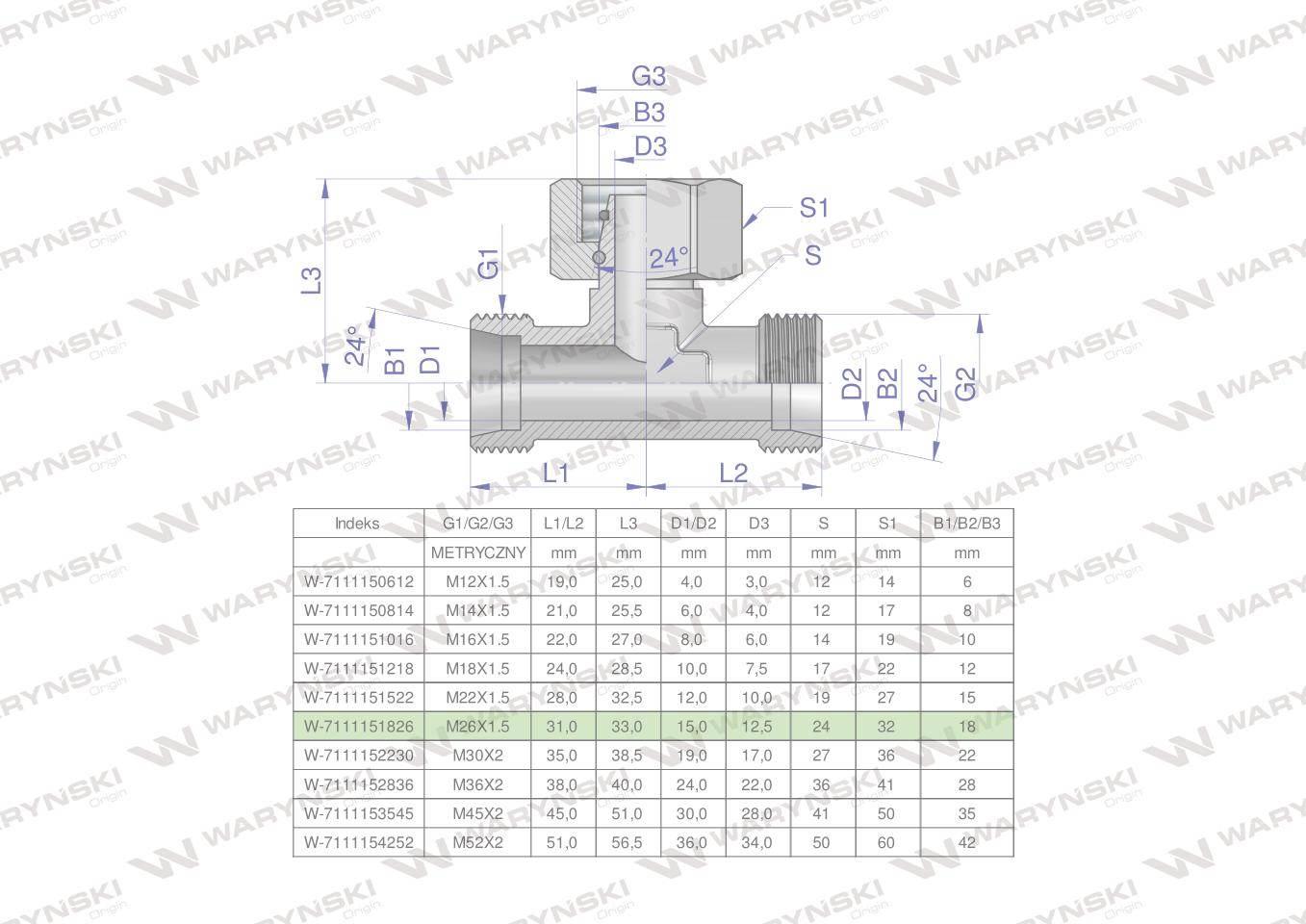 Trójnik hydrauliczny symetryczny metryczny bab m26x1.5 18l xevt waryński