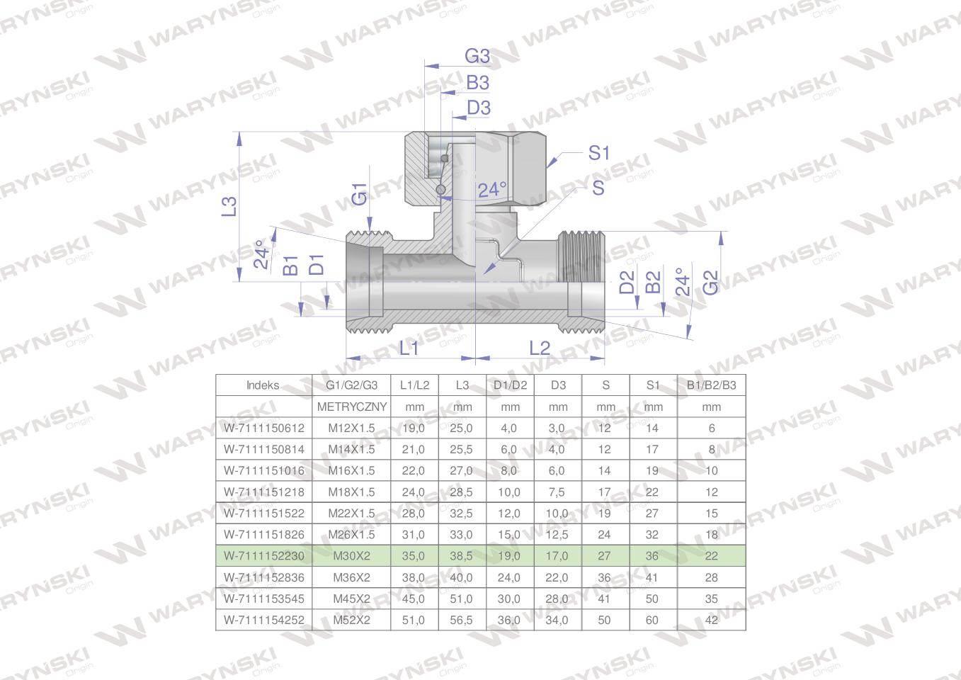 Trójnik hydrauliczny symetryczny metryczny bab m30x2 22l xevt waryński