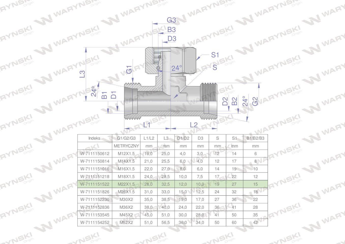 Trójnik hydrauliczny symetryczny metryczny bab m22x1.5 15l xevt waryński 5s