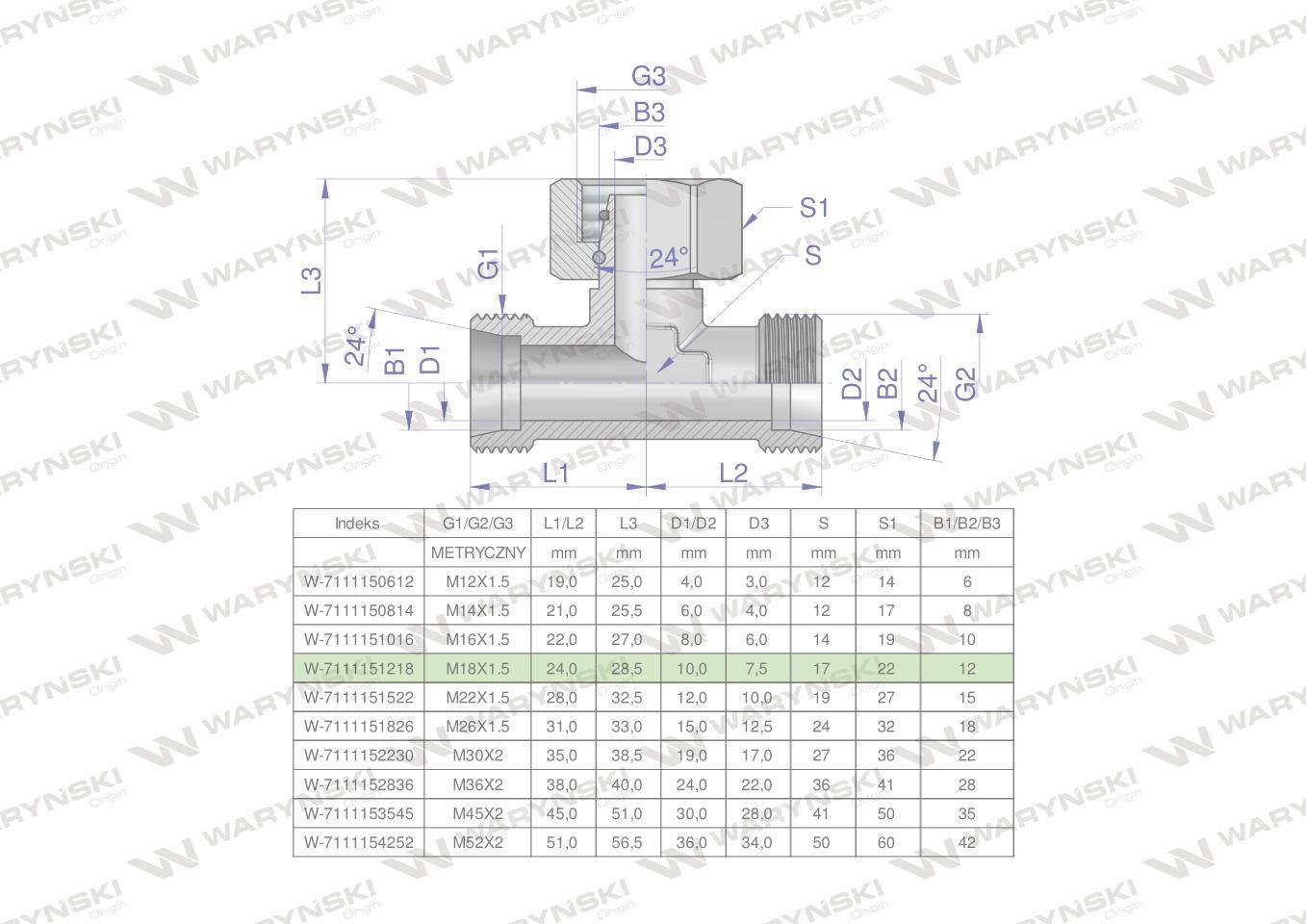 Trójnik hydrauliczny symetryczny metryczny bab m18x1.5 12l xevt waryński 5szt