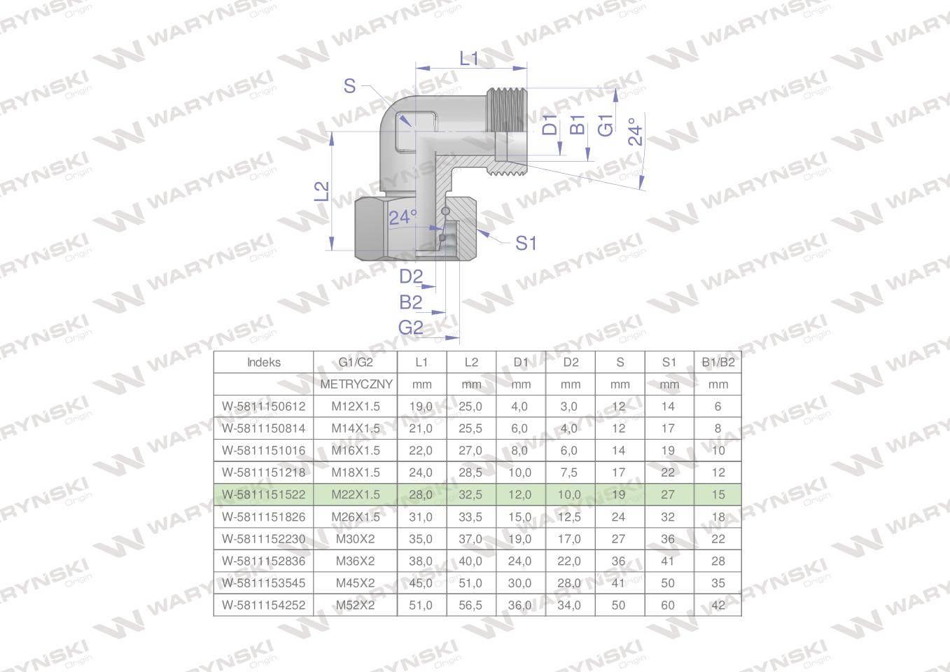 Kolanko hydrauliczne metryczne ab m22x1.5 15l xevw waryński 5szt