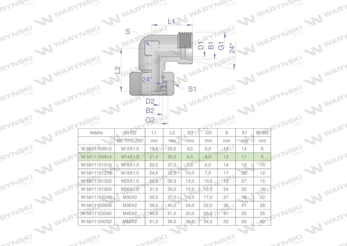 Kolanko hydrauliczne metryczne ab m14x1.5 08l xevw waryński 2szt