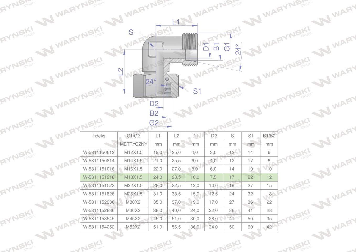 Kolanko hydrauliczne metryczne ab m18x1.5 12l xevw waryński 5szt