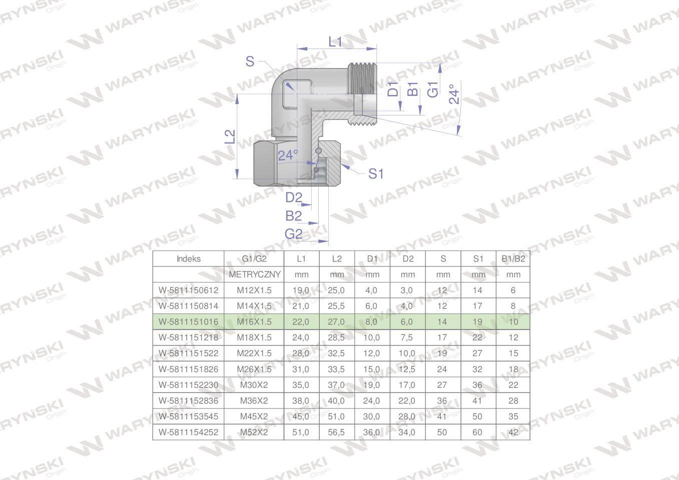 Kolanko hydrauliczne metryczne ab m16x1.5 10l xevw waryński 5szt