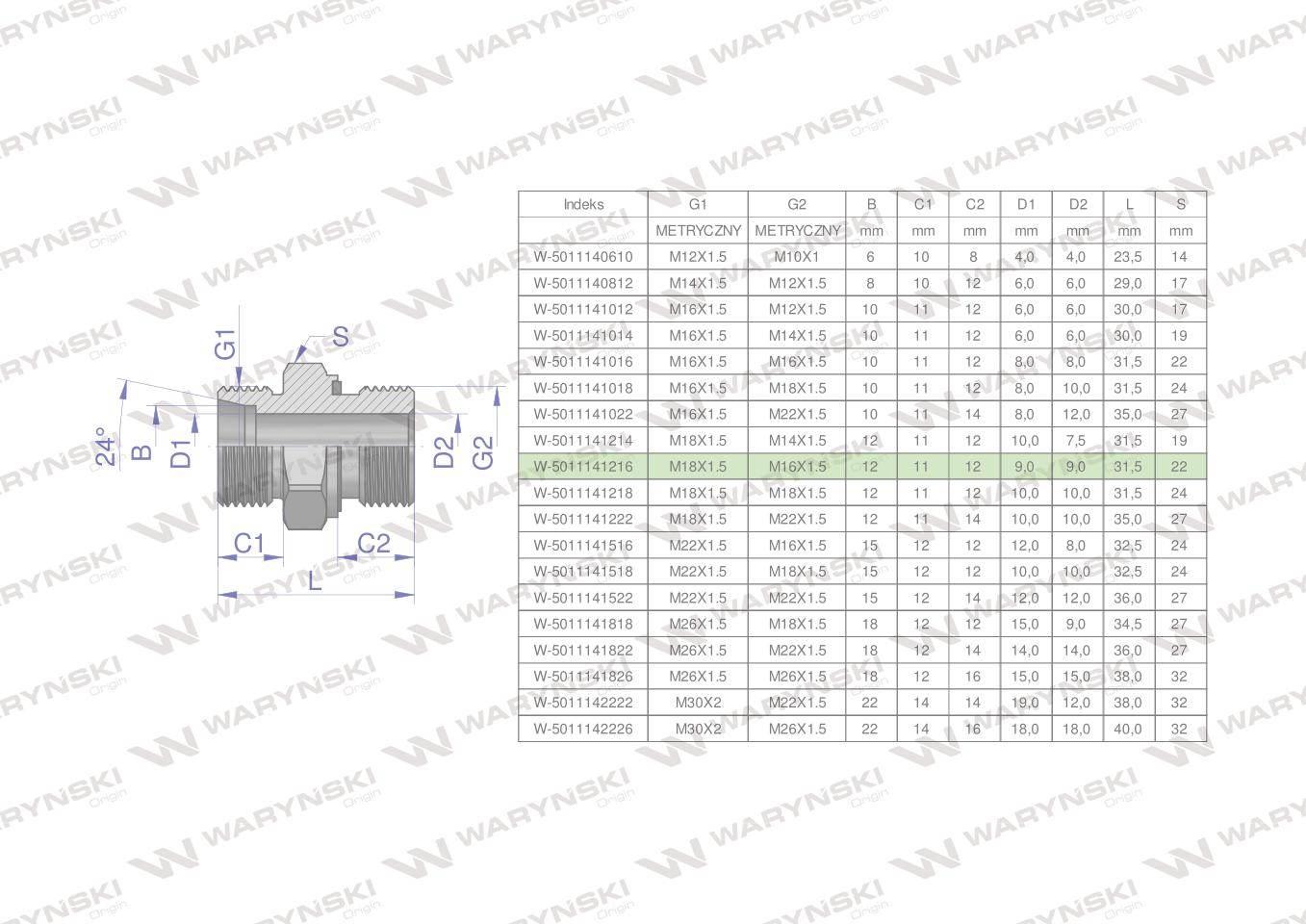 Przyłączka hydrauliczna metryczna bb xge m18x1.5 12lxm16x1.5 ed waryński 10szt