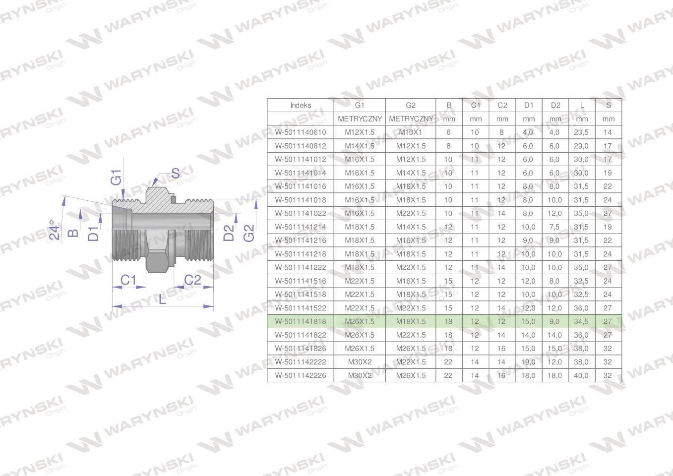 Przyłączka hydrauliczna metryczna bb xge m26x1.5 18lxm18x1.5 ed waryński 2szt