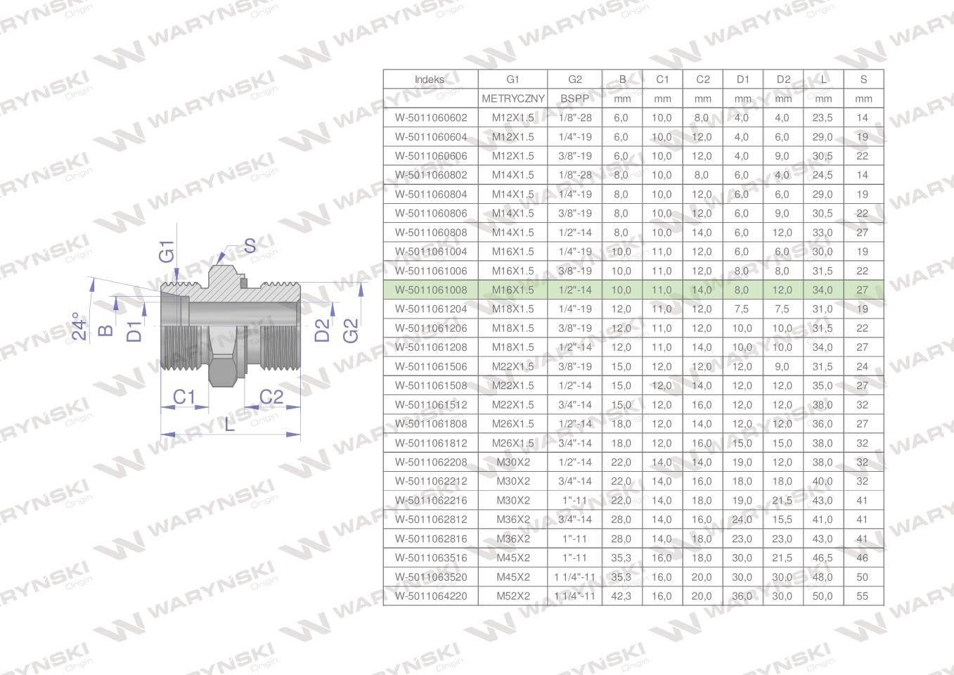 Przyłączka hydrauliczna bb xge m16x1.5 10lx1/2" bsp ed waryński 10szt