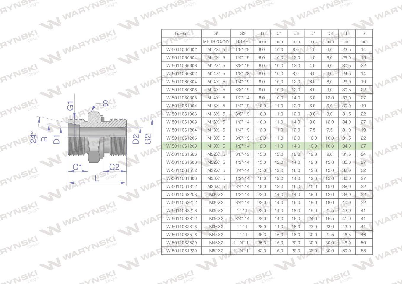 Przyłączka hydrauliczna bb xge m18x1.5 12lx1/2" bsp ed waryński 10szt