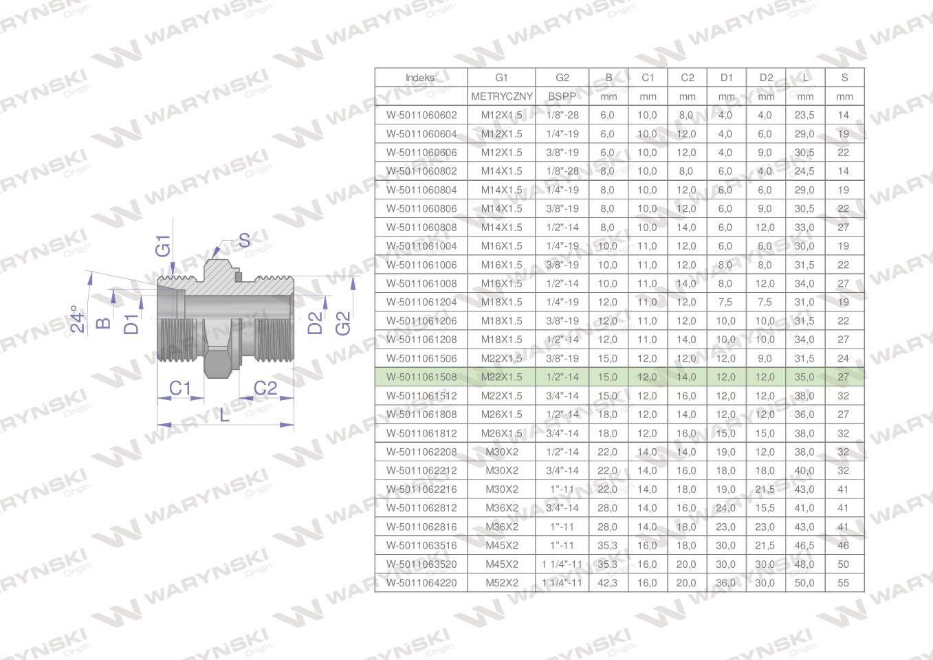 Przyłączka hydrauliczna bb xge m22x1.5 15lx1/2" bsp ed waryński 10szt
