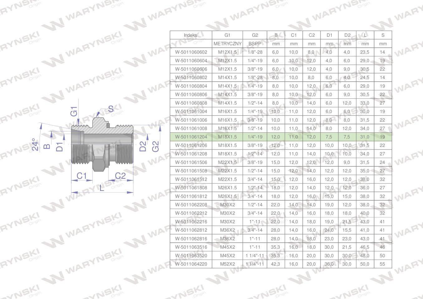 Przyłączka hydrauliczna bb xge m18x1.5 12lx1/4" bsp ed waryński 10szt