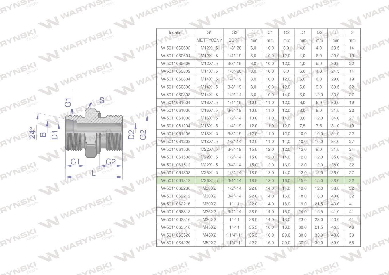 Przyłączka hydrauliczna bb xge m26x1.5 18lx3/4" bsp ed waryński 2szt