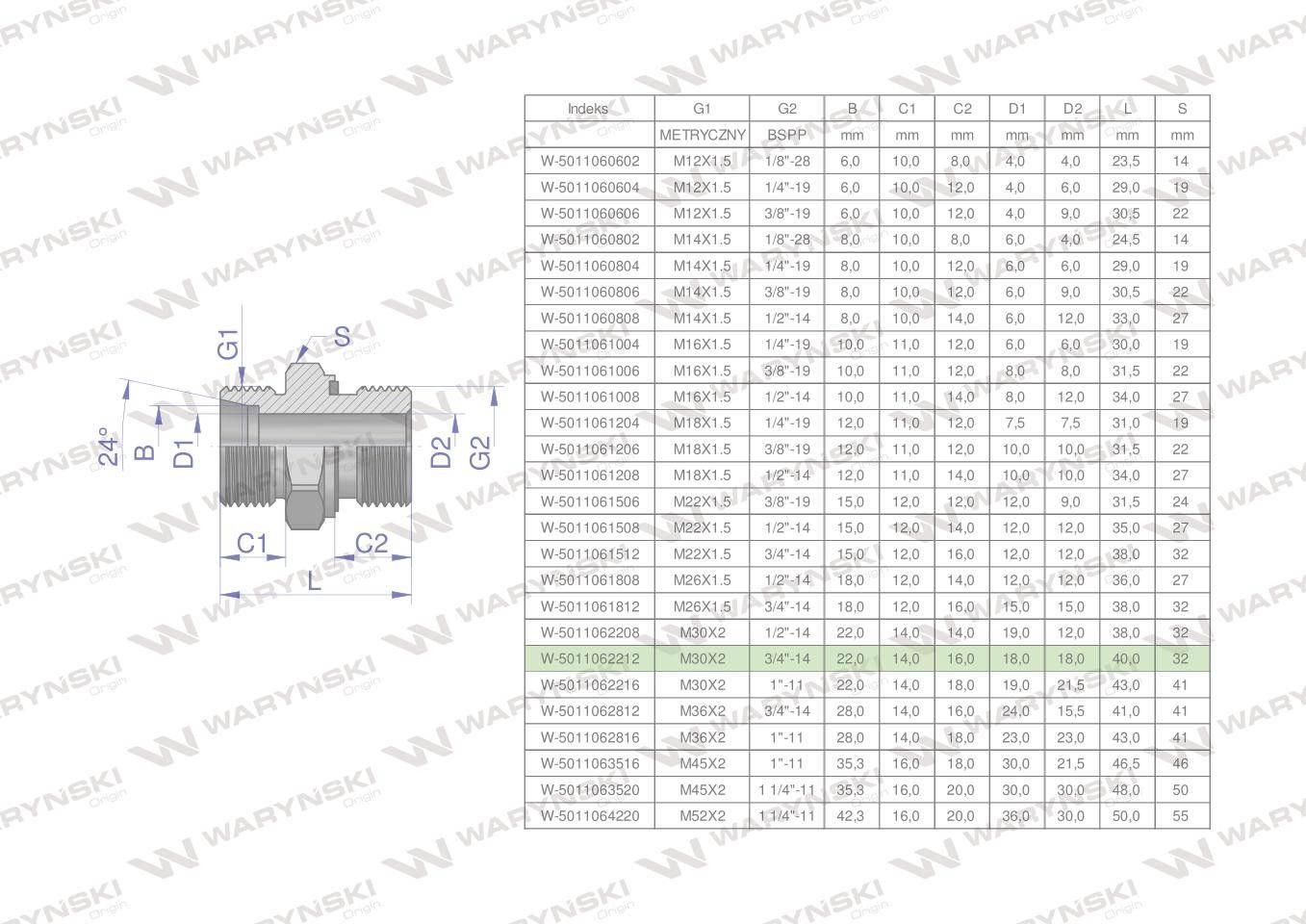 Przyłączka hydrauliczna bb xge m30x2 22lx3/4" bsp ed waryński 2szt