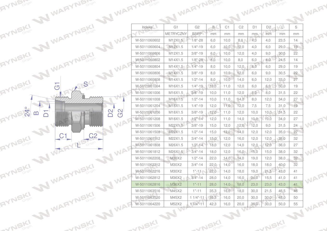Przyłączka hydrauliczna bb xge m36x2 28l2 28lx1" bsp ed waryński 2szt