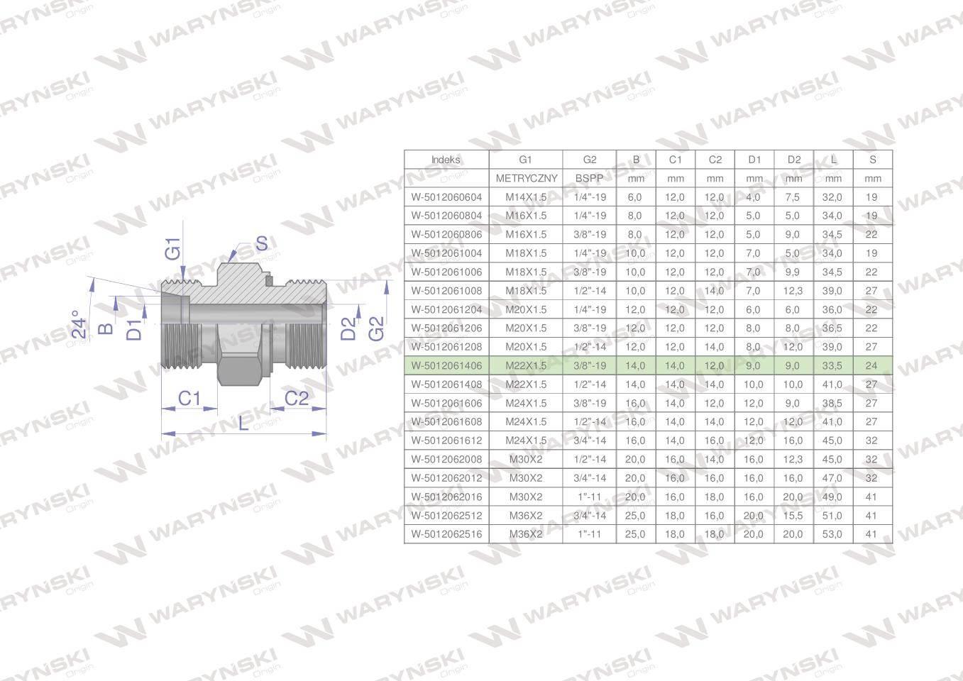 Przyłączka hydrauliczna odmiana ciężka xge bb m22x1.5 14sx3/8" bsp ed waryński 5szt