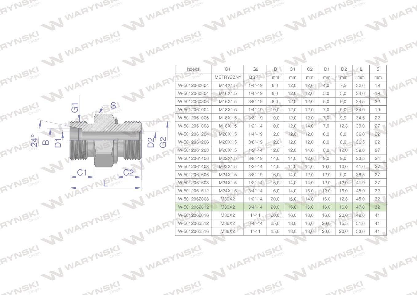 Przyłączka hydrauliczna odmiana ciężka xge bb m30x2 20sx3/4" bsp ed waryński 2szt