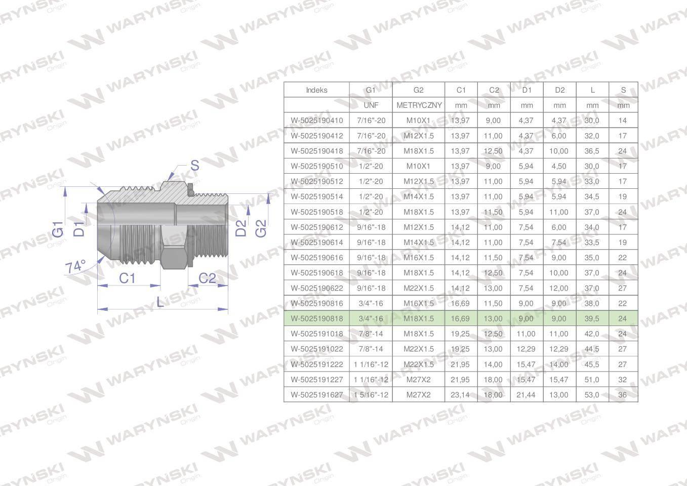 Przyłączka hydrauliczna bb 3/4"unf jicxm18x1.5 xge waryński 2szt
