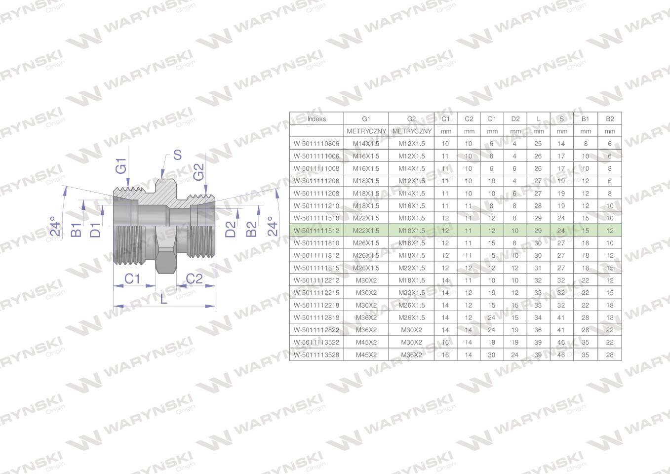 Złączka hydrauliczna redukcyjna metryczna bb 22/18 m22x1.5 15l m18x1.5 12l xg waryński 10szt