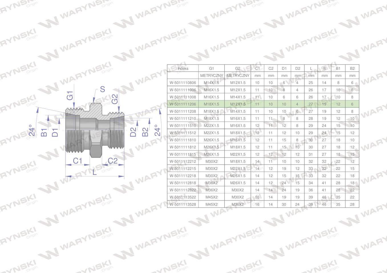 Złączka hydrauliczna redukcyjna metryczna bb m18x1.5 12l m12x1.5 06l xg waryński 5szt