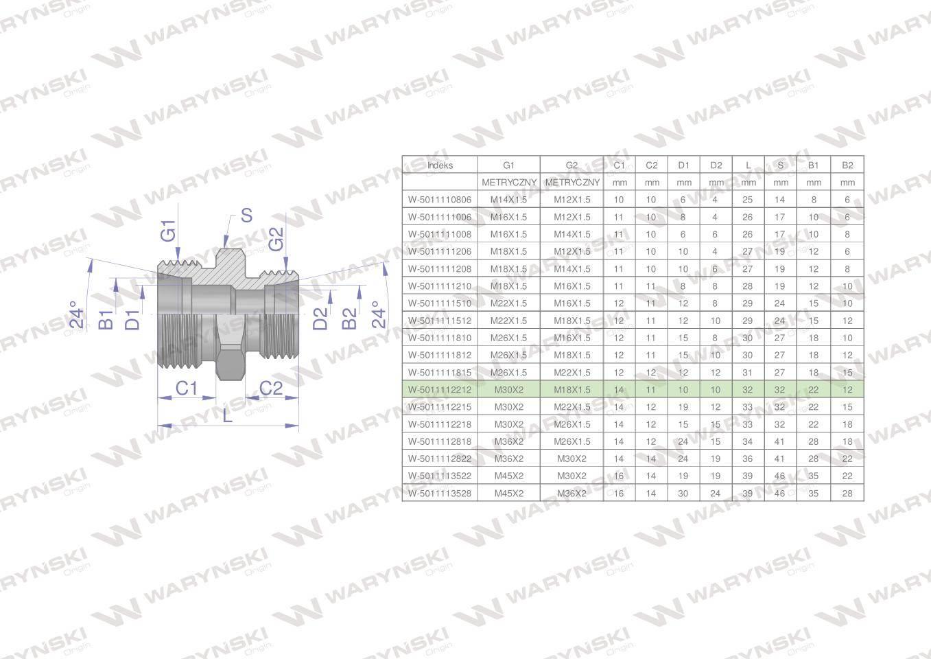 Złączka hydrauliczna redukcyjna metryczna bb m30x2 22l m18x1.5 12l xg waryński