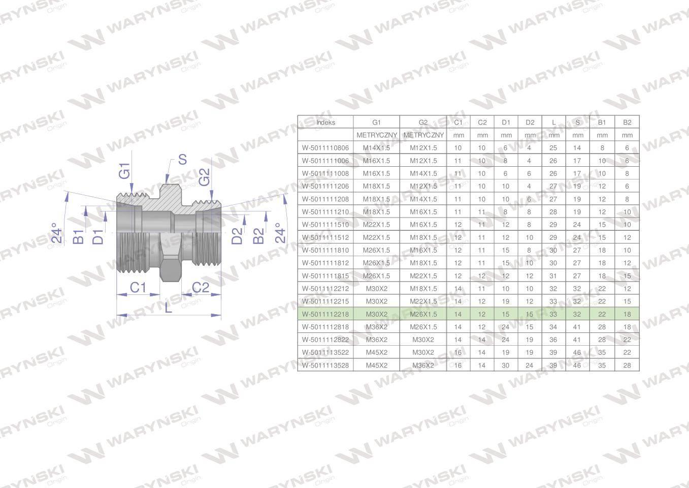 Złączka hydrauliczna redukcyjna metryczna bb m30x2 22l m26x1.5 18l xg waryński