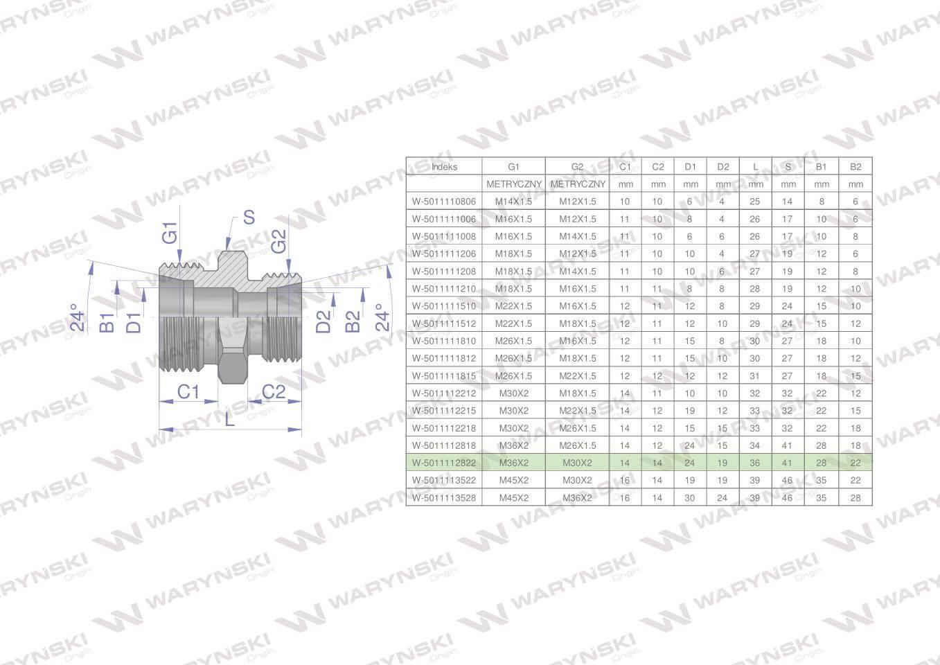 Złączka hydrauliczna redukcyjna metryczna bb m36x2 28l m30x2 22l xg waryński