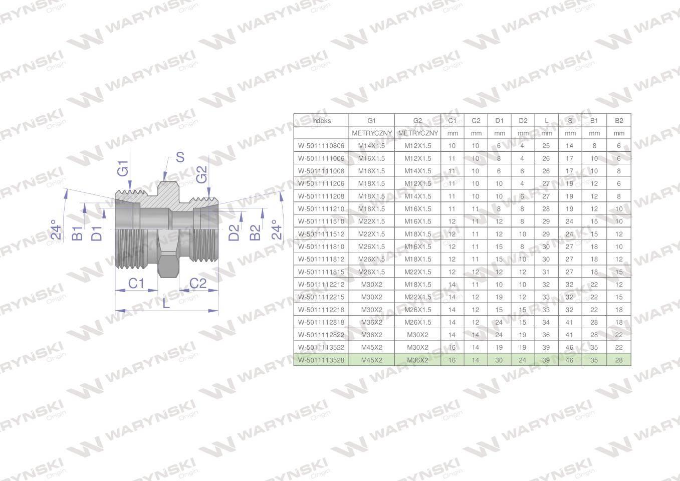 Złączka hydrauliczna redukcyjna metryczna bb m45x2 35l m36x2 28l xg waryński