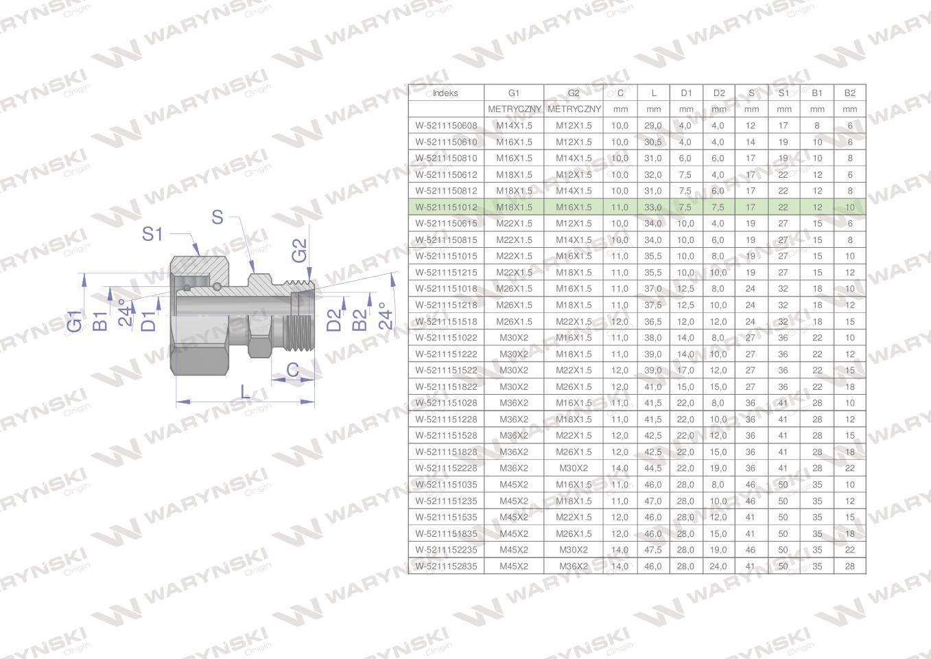 Złączka hydrauliczna metryczna ab xkor a-m18x1.5 12l b-m16x1.5 10l waryński