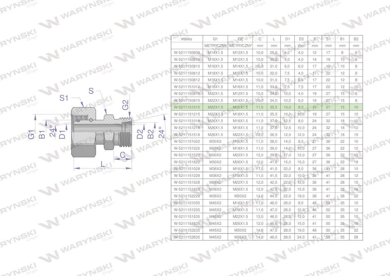 Złączka hydrauliczna metryczna ab xkor a-m22x1.5 15l b-m16x1.5 10l waryński 5szt