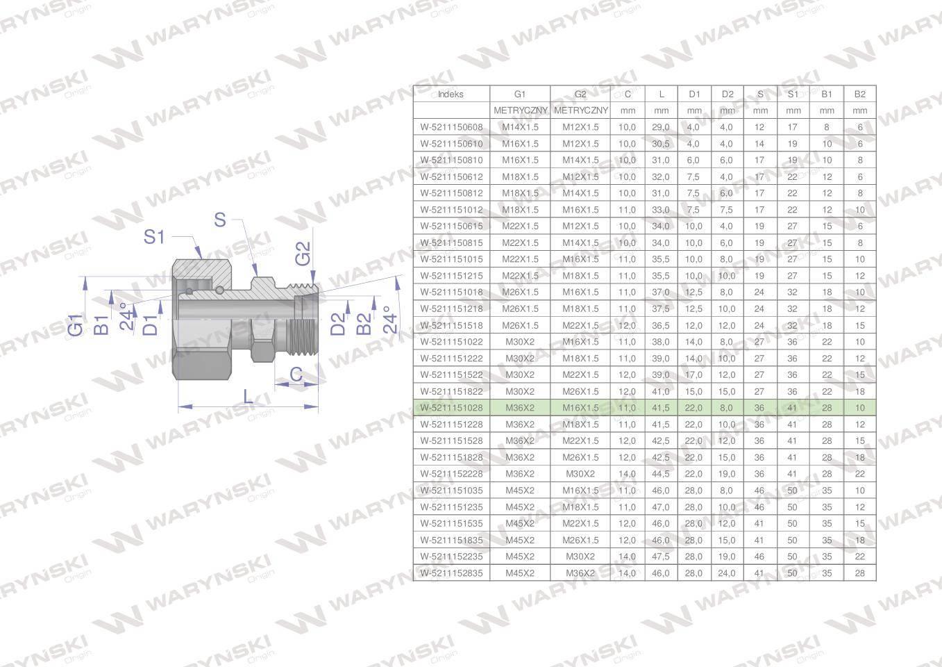 Złączka hydrauliczna metryczna ab xkor a-m36x2 28l b-m16x1.5 10l waryński