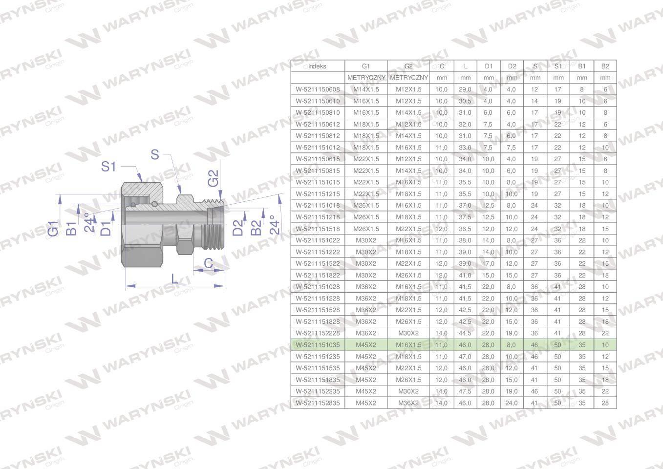 Złączka hydrauliczna metryczna ab xkor a-m45x2 35l b-m16x1.5 10l waryński
