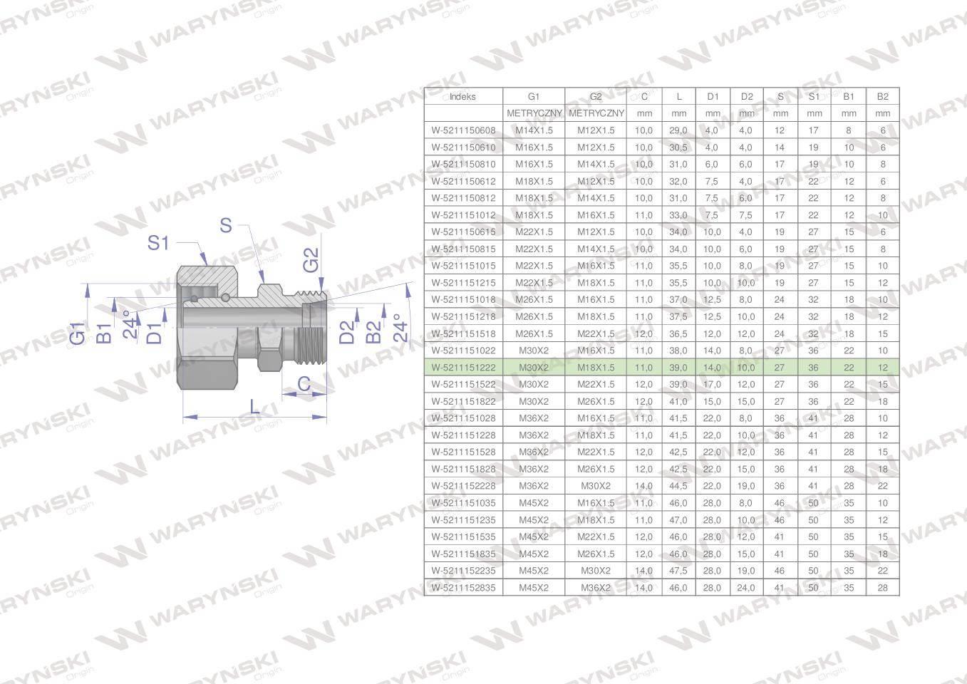 Złączka hydrauliczna metryczna ab xkor a-m30x2 22l b-m18x1.5 12l waryński