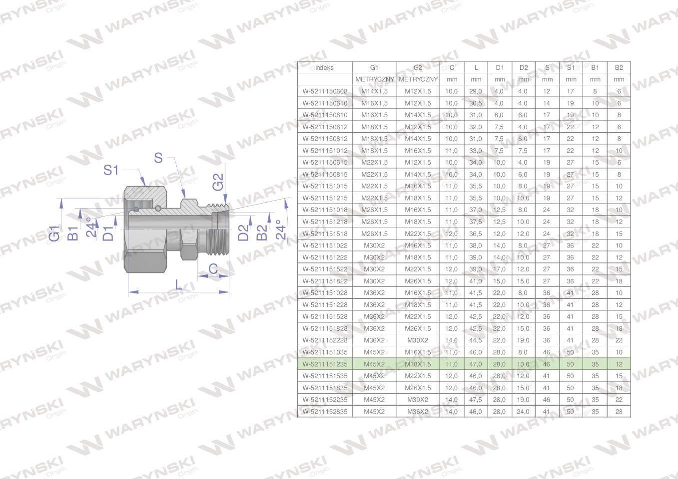 Złączka hydrauliczna metryczna ab xkor a-m45x2 35l b-m18x1.5 12l waryński