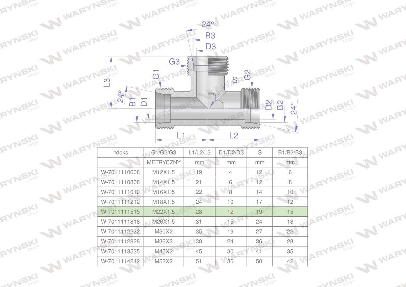 Trójnik hydrauliczny metryczny bbb m22x1.5 15l xt waryński 5szt