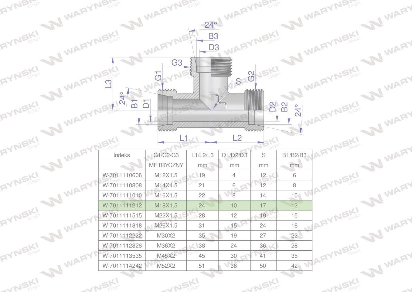 Trójnik hydrauliczny metryczny bbb m18x1.5 12l xt waryński 5szt