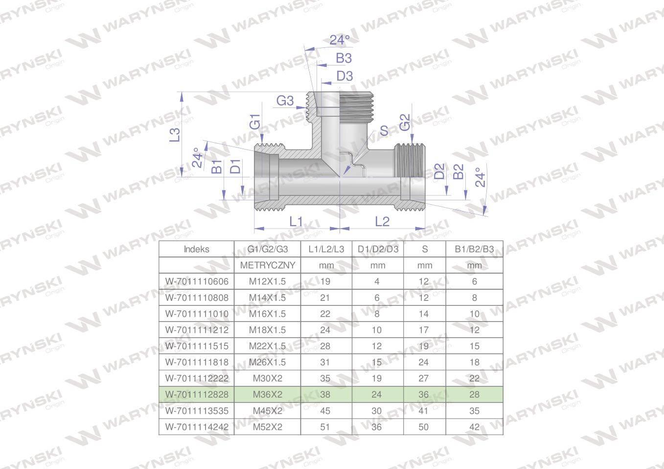 Trójnik hydrauliczny metryczny bbb m36x2 28l xt waryński