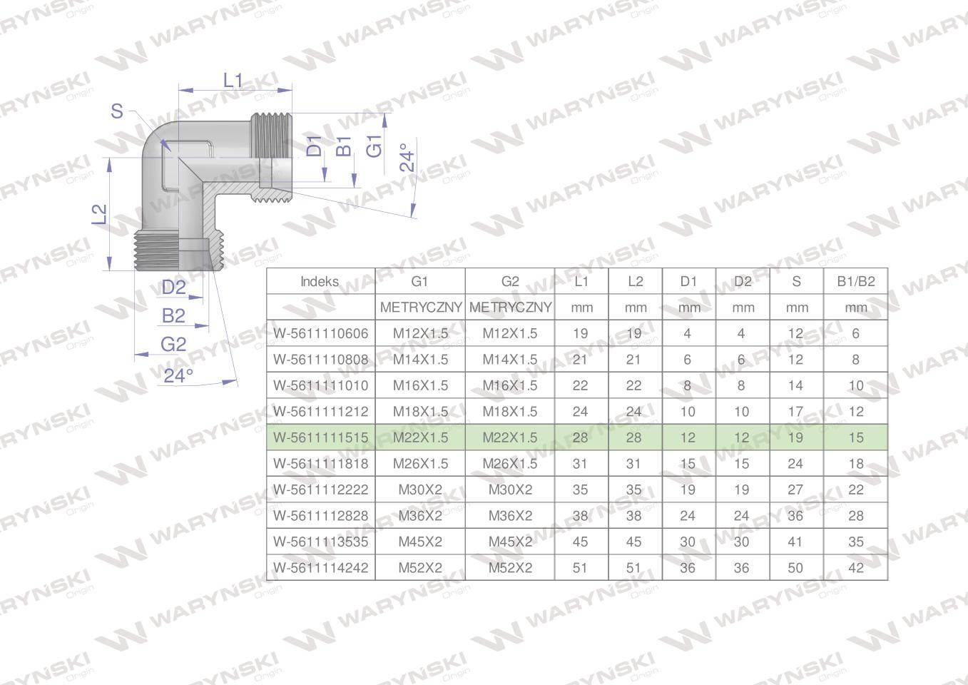 Kolanko hydrauliczne metryczne bb m22x1.5 15l xw waryński 5szt