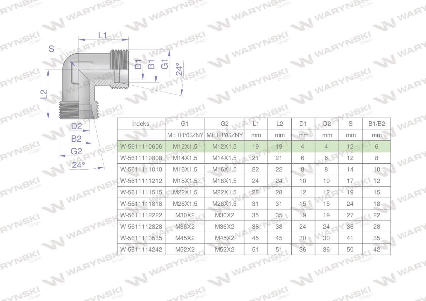 Kolanko hydrauliczne metryczne bb m12x1.5 06l xw waryński 5szt