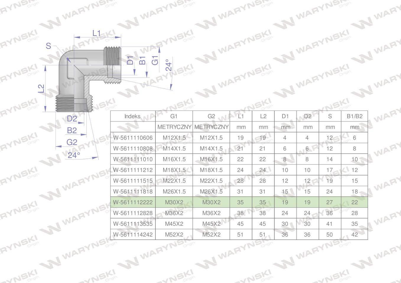 Kolanko hydrauliczne metryczne bb m30x2 22l xw waryński