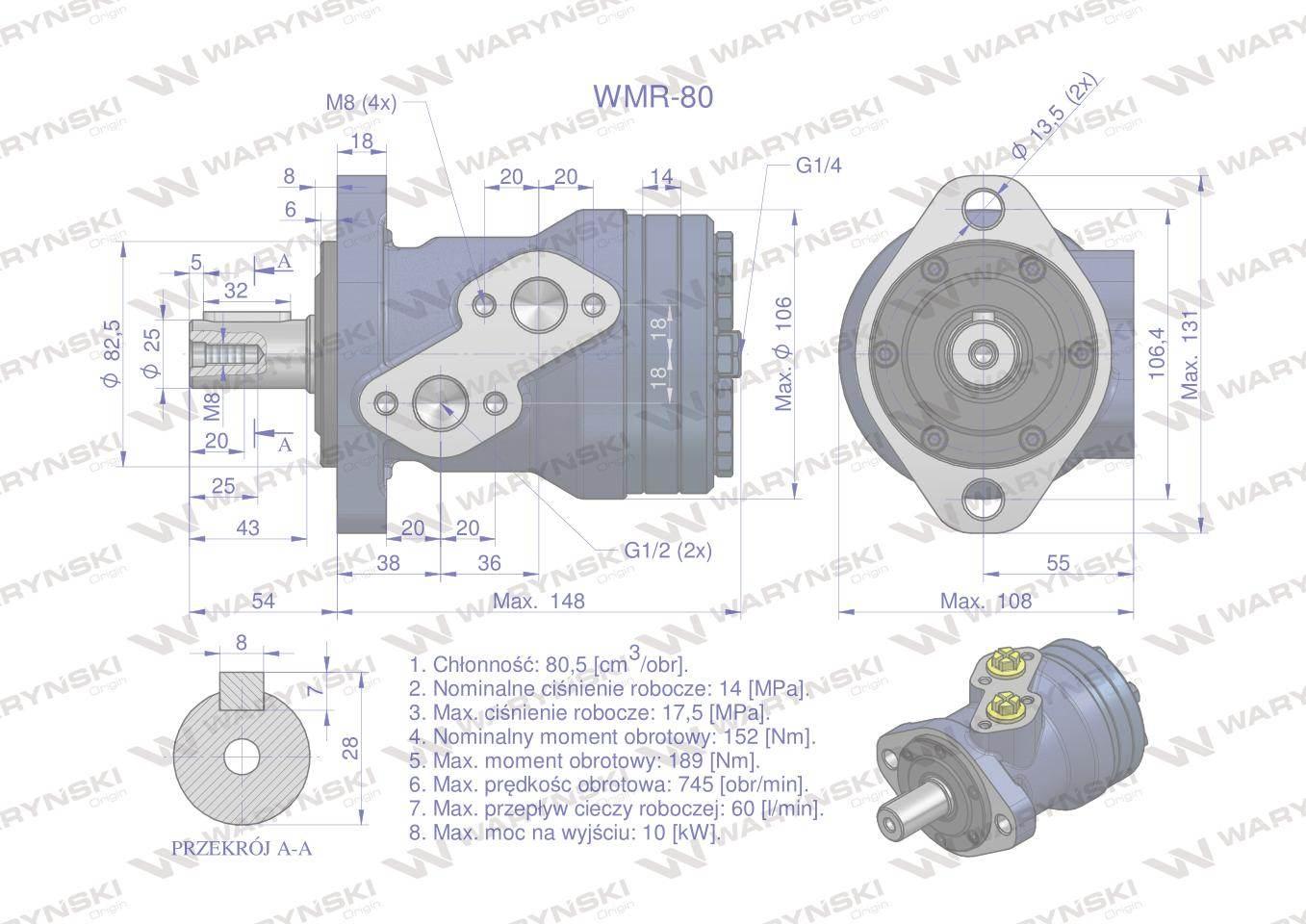 Silnik hydrauliczny orbitalny wmr 80 cm3/obr 140 bar max.200 bar waryński - zdjęcie 6