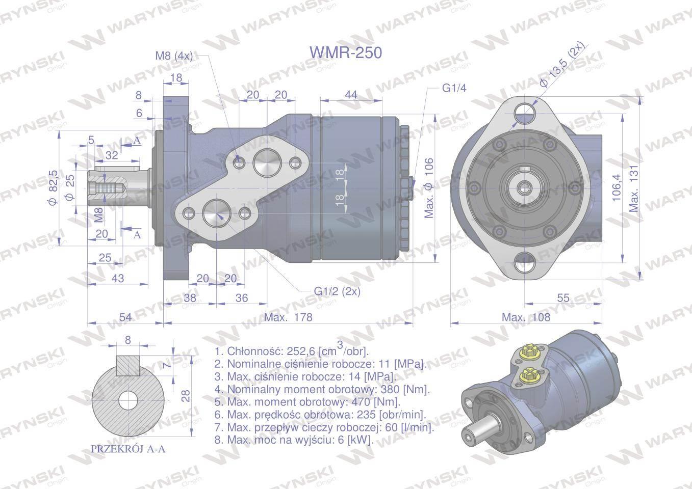 Silnik hydrauliczny orbitalny wmr 250 cm3/obr 110 bar max.160 bar waryński - zdjęcie 6