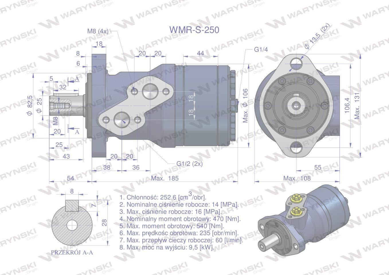 Silnik hydrauliczny orbitalny wzmacniany wmr-s 250 cm3/obr 140 bar max.180 bar waryński - zdjęcie 6