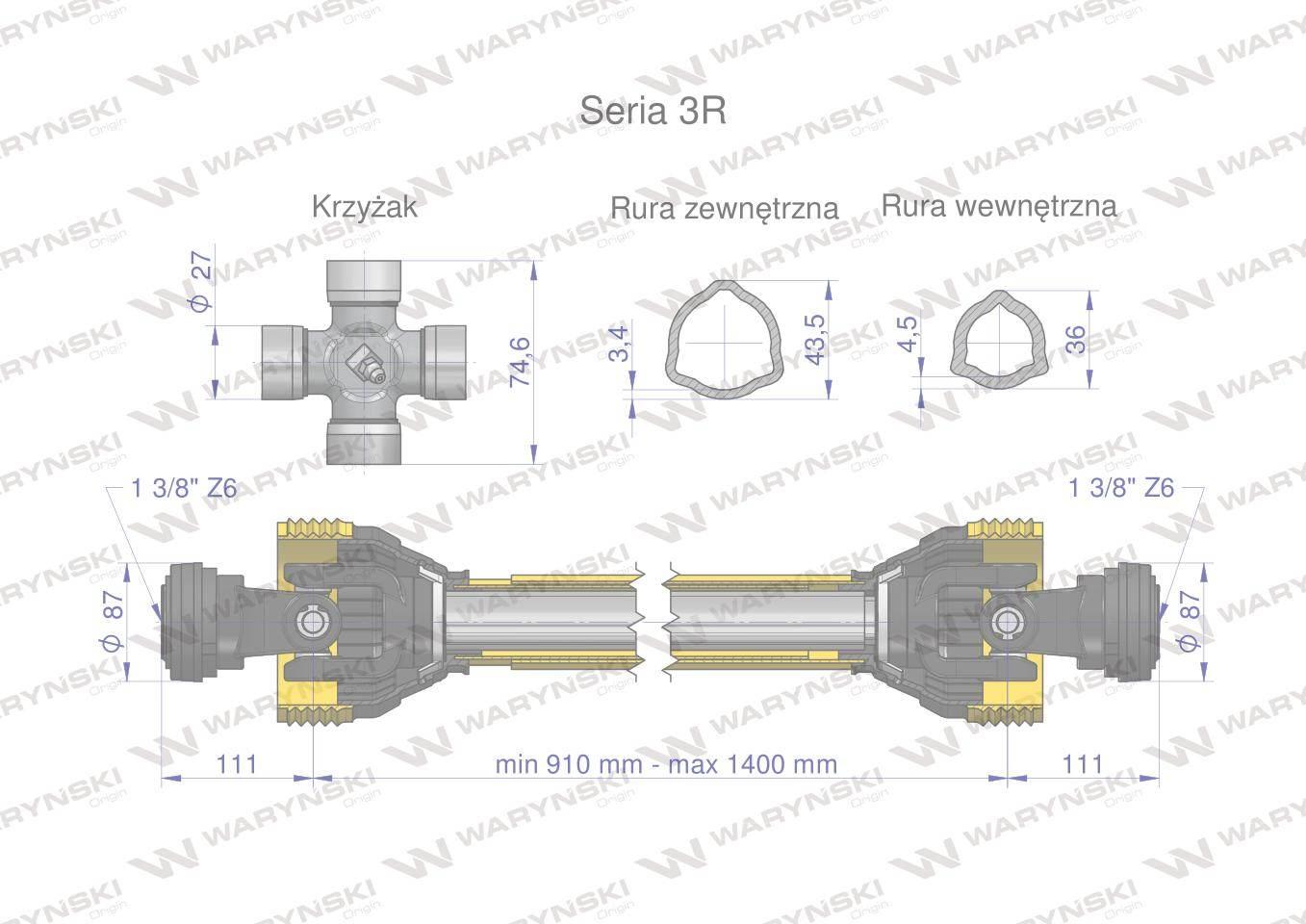 Wał przegubowo-teleskopowy 910-1400mm 460nm 50260 ce 2020 seria 3r waryński wa46-91 - zdjęcie 3
