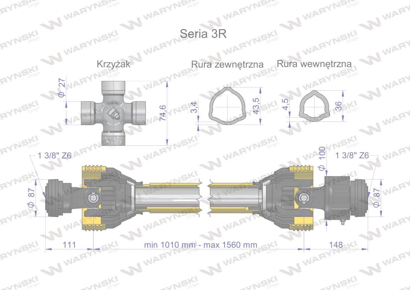Wał przegubowo-teleskopowy 1010-1560mm 460nm sprzęgło jednokierunkowe ce 2020 seria 3r waryński - zdjęcie 3