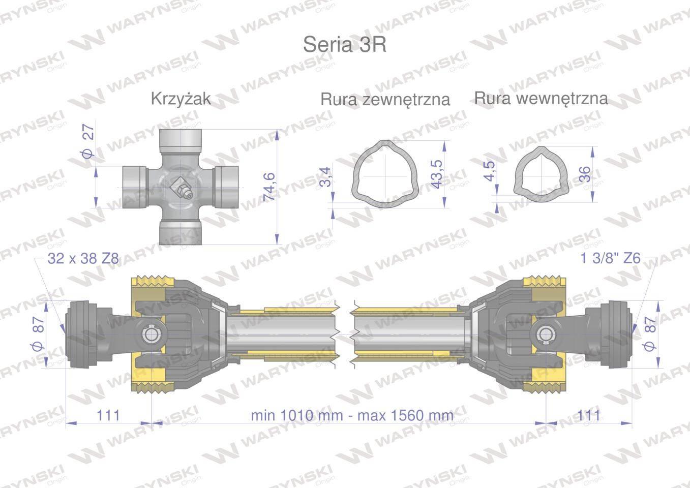 Wał przegubowo-teleskopowy 1010-1560mm 460nm 32x38 z8 rosyjski ce 2020 seria 3r waryński - zdjęcie 3
