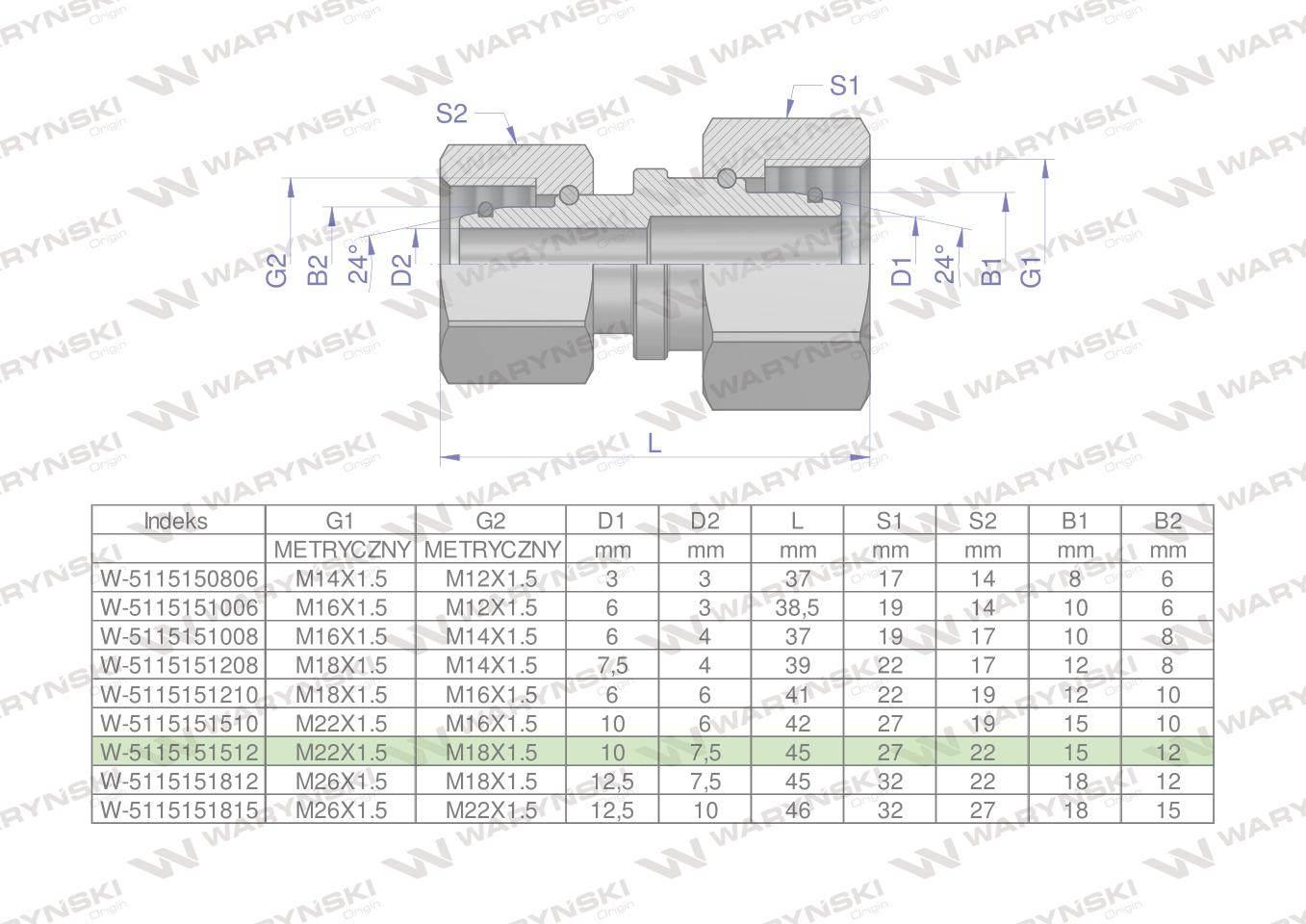 Złączka hydrauliczna metryczna aa m22x1.5 15lxm18x1.5 12l waryński 5szt