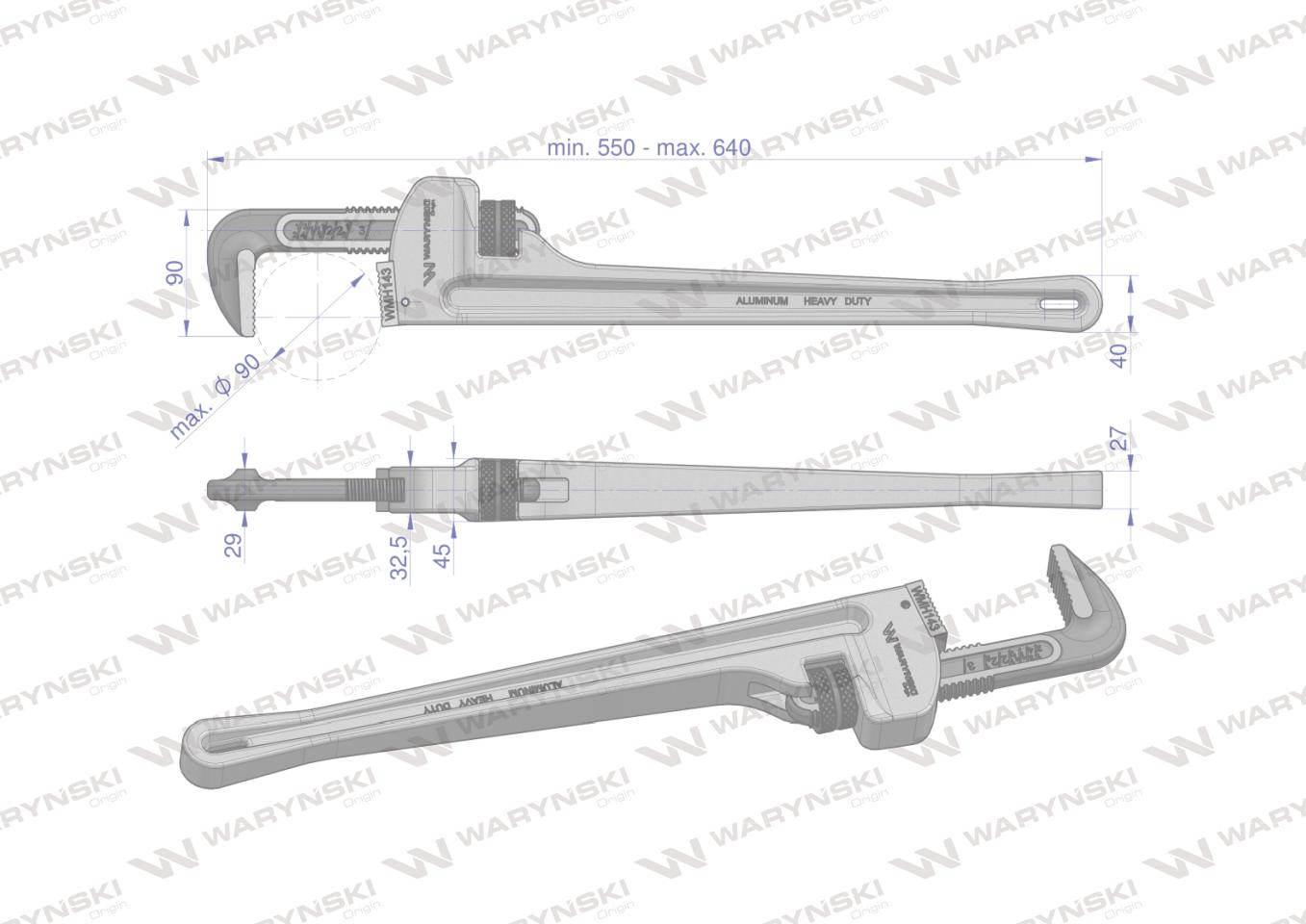 Klucz do rur typ amerykański 24" uchwyt aluminium wzmocniony szczęki crmo max średnica waryński - zdjęcie 3